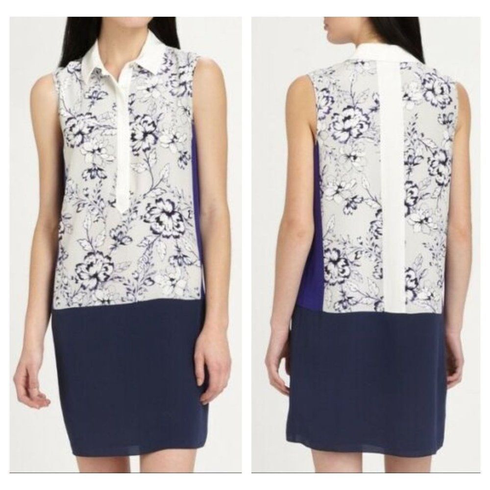 Rebecca Taylor Blue Color Block Floral 100% Silk Sleeveless Shirt Dress 4 - Picture 3 of 9